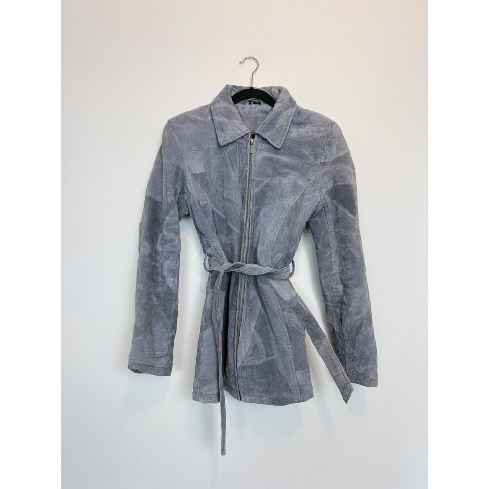 Vintage 90s Henig Furs leather patchwork belted jacket blue MD glam penny lane
